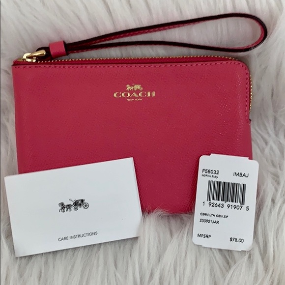 Coach Handbags - Coach Leather Corner Zip Wristlet - Pink Ruby- NWT